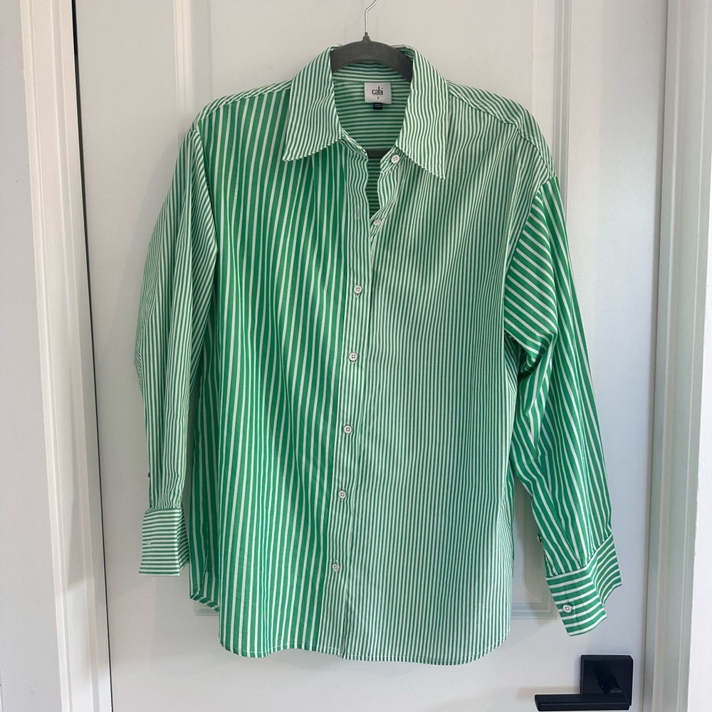 CAbi Green & White Vertical Stripe Button-Down Shirt